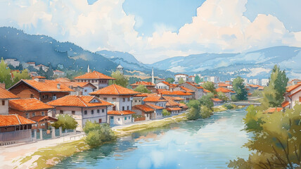 Fototapeta na wymiar Watercolor painting of small Balkan town