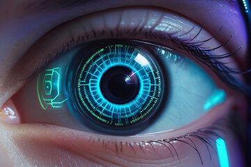 A close-up of a human eye with a futuristic cybernetic implant on iris, glowing with digital overlays and neon lights, evoking a sense of advanced technology and surveillance