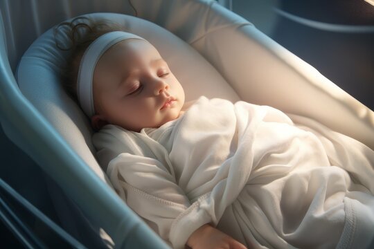 A peaceful image of a newborn baby sleeping soundly in a comfortable car seat.