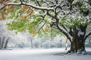 Snow covers the vibrant green leaves of trees in a tranquil winter park.