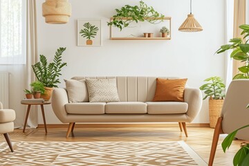 Minimalist living room interior with a modern sofa and houseplants.