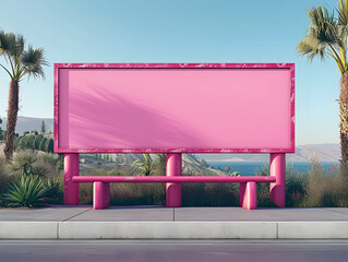 A large pink billboard stands in the foreground of the image, with a pastel blue sky in the background.