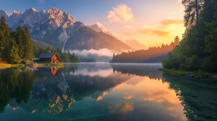Schilderijen op glas Dawn tranquility at Fusine Lake, Julian Alps Summer sunrise paints the sky with Mangart peak in the distance, presenting the beauty of nature in Udine, Italy © Sikandar Hayat