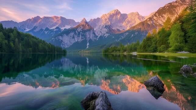 Dawn tranquility at Fusine Lake, Julian Alps Summer sunrise paints the sky with Mangart peak in the distance, presenting the beauty of nature in Udine, Italy