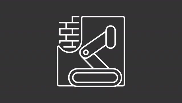 Animated robotic builder white icon. Automated building process line animation. Advancement robotic work. Isolated illustration on dark background. Transition alpha video. Motion graphic