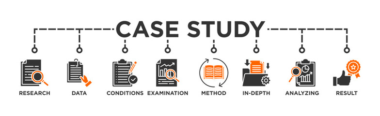 Case study banner web icon vector illustration concept with icon of research, data, conditions, examination, method, in-depth, analyzing, and result