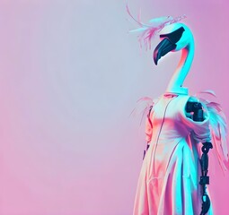 AI generated illustration of a robotic flamingo in a dress on the pink background