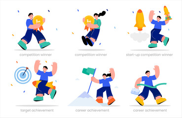 Achievement worker set. competition winner, competition winner, start-up competition winner, target achievement, career achievement, career achievement. vector illustration