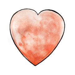 Heart isolated on white background. The color is peach fuzz. Black outline. Filled with uneven watercolor blur. Almost white color at times. Texture. Color of the year.