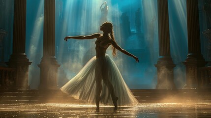 Solo Ballerina Captured in a Spotlight on Stage - obrazy, fototapety, plakaty