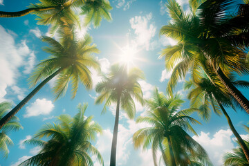 Perspective view, low angle view looking up to Coconut palm trees. - obrazy, fototapety, plakaty