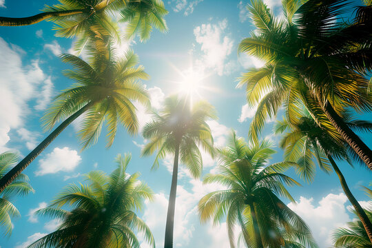 Perspective view, low angle view looking up to Coconut palm trees.