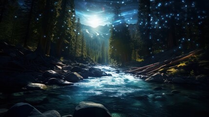 River in jungle with glowing lights in sky
