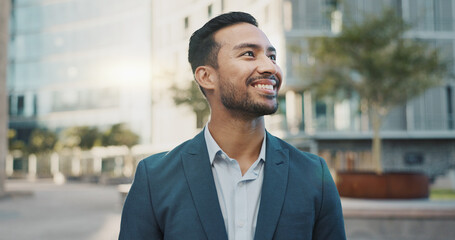 Business, travel and happy asian man in a city street with vision, dream or job opportunity...