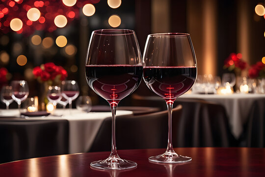 Red wine swirling in two glasses, reflecting dim restaurant lights, on an empty table set for a romantic evening. Generative AI