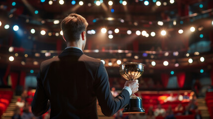 Man giving a acceptance speech while holding a cup on stage , awards ceremony concept image