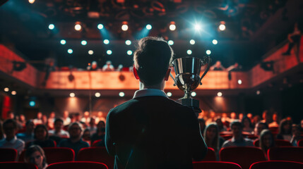 Man giving a acceptance speech while holding a cup on stage , awards ceremony concept image