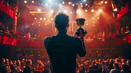 Man giving a acceptance speech while holding a cup on stage , awards ceremony concept image