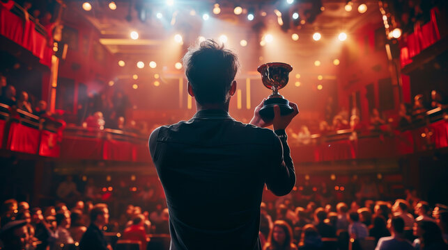 Man giving a acceptance speech while holding a cup on stage , awards ceremony concept image