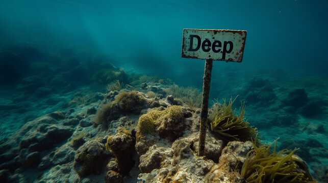 Deep concept image with sign at bottom on sea water