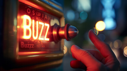 Fototapeta na wymiar Buzz concept image with person hand touching a big buzzer button with written Buzz word