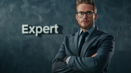Portrait of an expert caucasian man in suit next to sign with word Expert