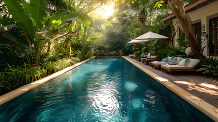 A large swimming pool surrounded by lounge chairs, umbrellas, and tropical plants.