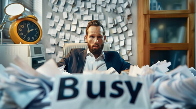 Busy concept image with an overwhelmed businessman doing paperwork