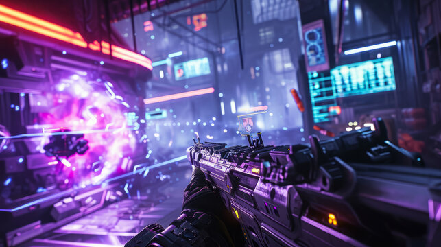 action shooter AAA videogame gameplay with information datum design for console