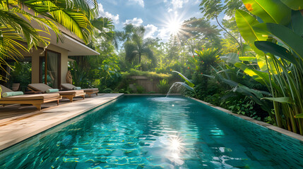 A large swimming pool surrounded by lounge chairs, umbrellas, and tropical plants.