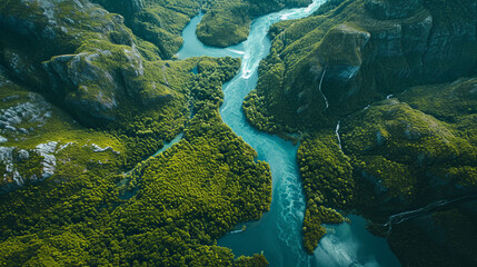 aerial photography, top view, blue water flows through several mountains, the top of which is covered with green trees - Powered by Adobe