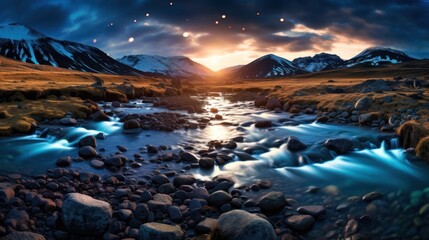 Sundown landscape of river with mountains in background