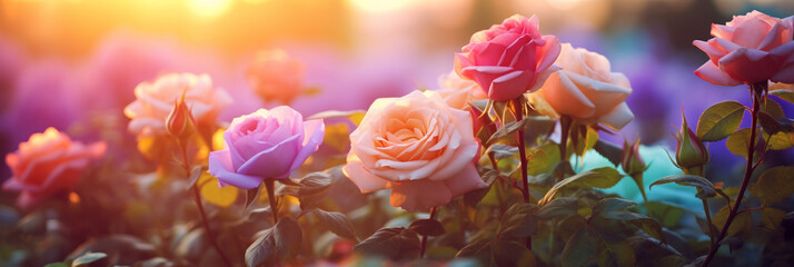Fototapeta na wymiar Beautiful roses blooming in the garden at sunset nature background