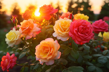 Beautiful roses blooming in the garden at sunset nature background