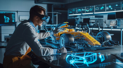 An engineer designing a f1 car using augmented reality and viewing the car as a projection or hologram in high-tech laboratory.