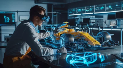 Photo sur Aluminium F1 An engineer designing a f1 car using augmented reality and viewing the car as a projection or hologram in high-tech laboratory.