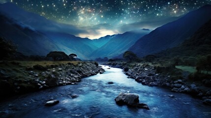 River with mountains in background and stars of milky way in sky