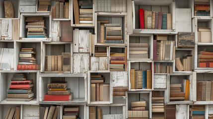 White wooden bookcase filled with books wall. - obrazy, fototapety, plakaty