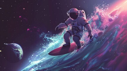 Astronaut surfing in the space among stars and planets - obrazy, fototapety, plakaty