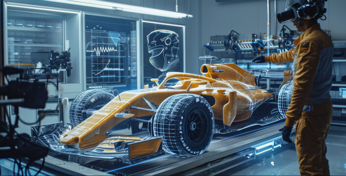 An engineer designing a f1 car using augmented reality and viewing the car as a projection or hologram in high-tech laboratory.