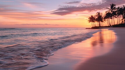 The pastel colors of the sunset sky reflect on the calm waters washing over a sandy tropical beach lined with palm trees. 