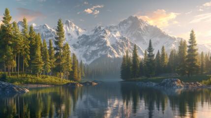 Fototapeta premium The golden hour casts a soft light over a peaceful lake, surrounded by dense forests and imposing snow-covered mountains. 