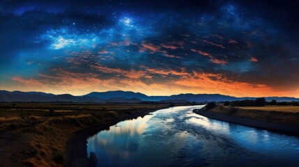 River landscape in evening with dark glowing sky