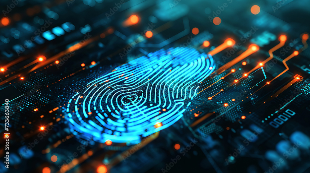 Poster digital fingerprint on motherboard backgrounds, digital security and access concepts