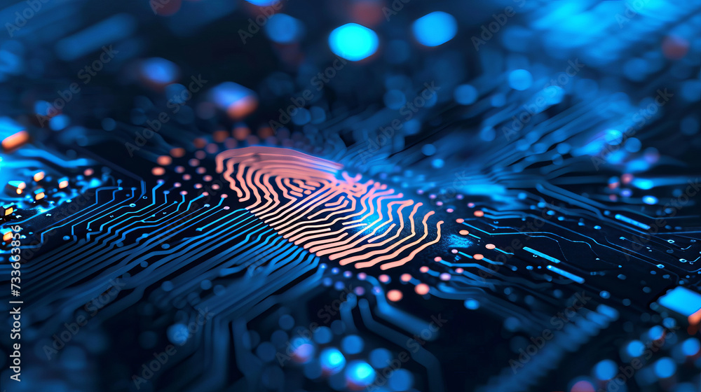 Poster digital fingerprint on motherboard backgrounds, digital security and access concepts