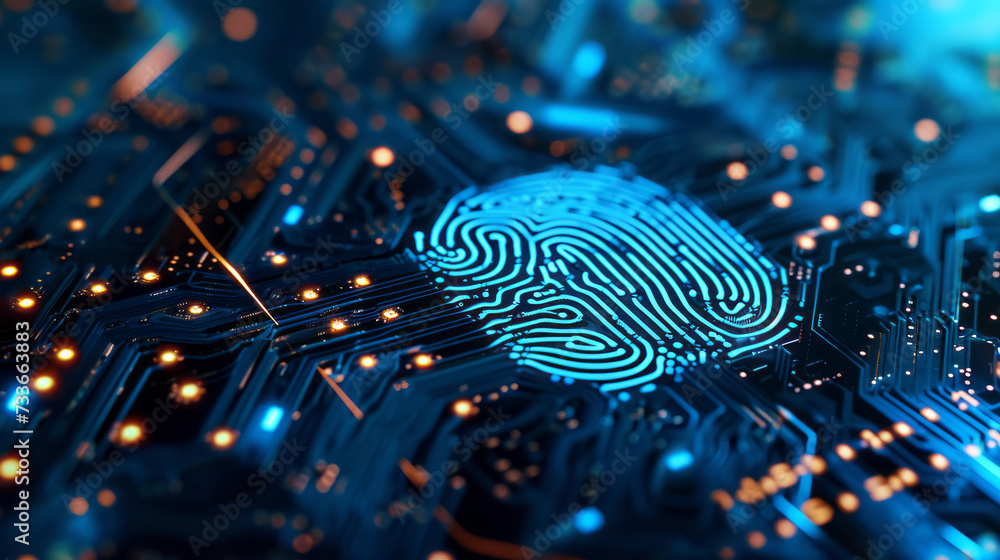 Poster digital fingerprint on motherboard backgrounds, digital security and access concepts