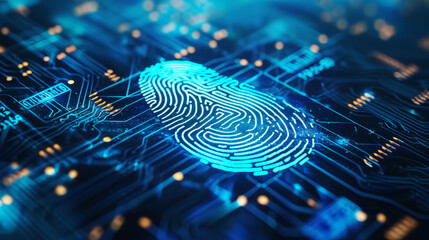 digital fingerprint on motherboard backgrounds, digital security and access concepts - obrazy, fototapety, plakaty