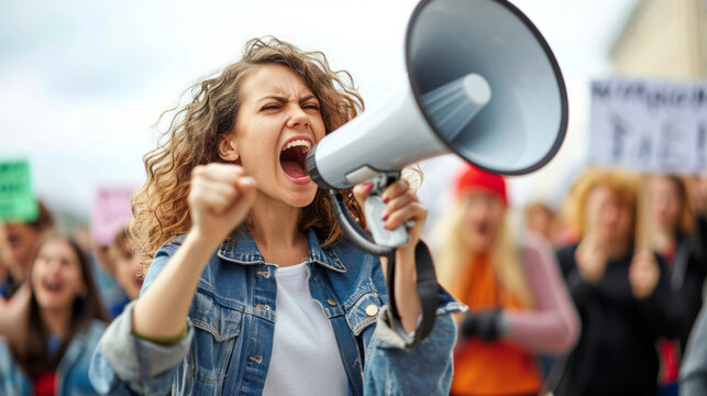 Female activist angry shouting for her cause among people demonstration protester