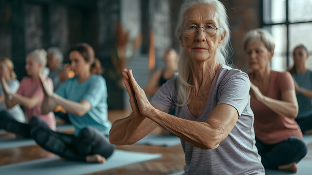 A photo of a yoga class, with people of all ages and fitness levels practicing different poses.