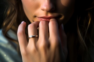 Photograph of the ring finger with a luxurious engagement ring, with the girl's glowing face softly blurred